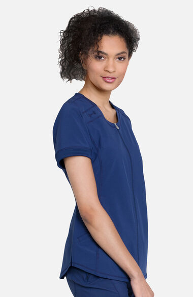 Women's Zip Front Round Neck Solid Scrub Top, , large