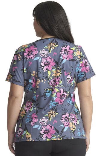 Clearance Women's Round Neck Electric Blossoms Print Scrub Top