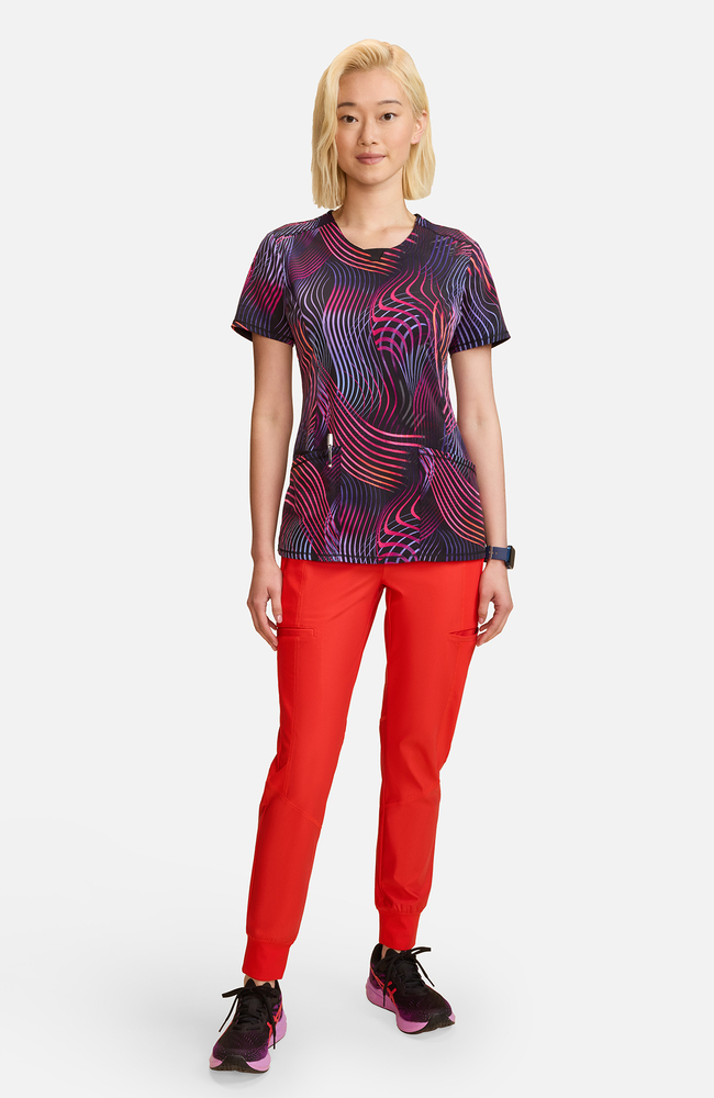 Women's Round Neck Digital Wavelength Print Scrub Top